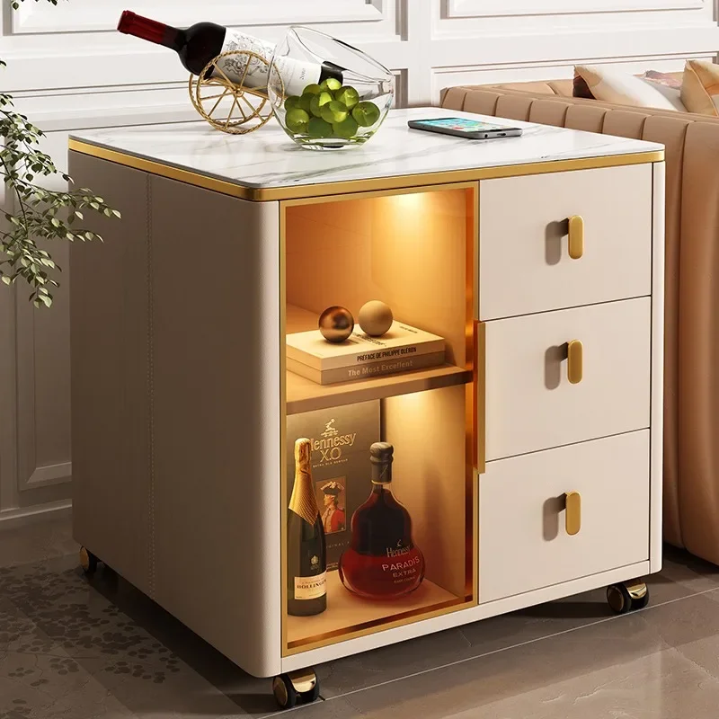 Corner cabinet next to the sofa, three-layer mobile storage leather cabinet, living room square tea bar table, solid wood side c