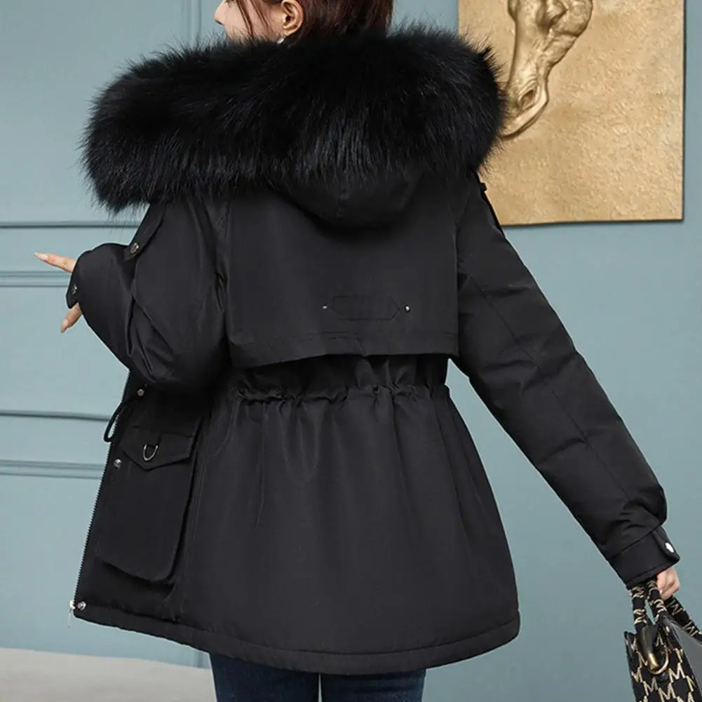 Сплошной цвет Верхняя одежда Стильное женское зимнее пальто с плюшевым меховым капюшоном на талии с завязками на талии Ветрозащитный дизайн средней длины для холода