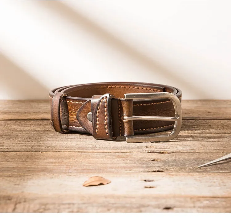First layer cowhide belt, cart line, casual retro pure handmade pin buckle belt, belt