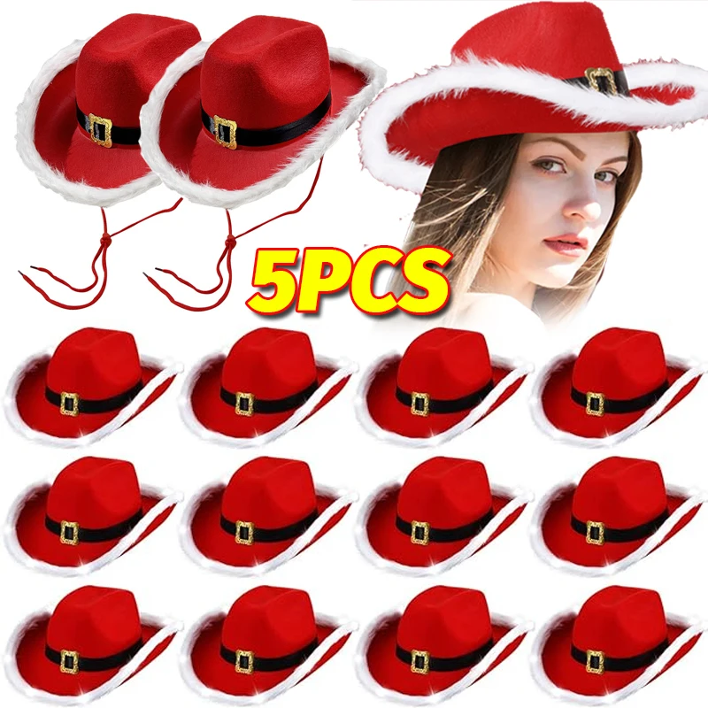 Christmas Luminous Cowboy Hat 1/5pcs Western Red Felt Santa Claus Party Hats Adjustable Wide Brim Cowgirl Jazz Hat for Women Men