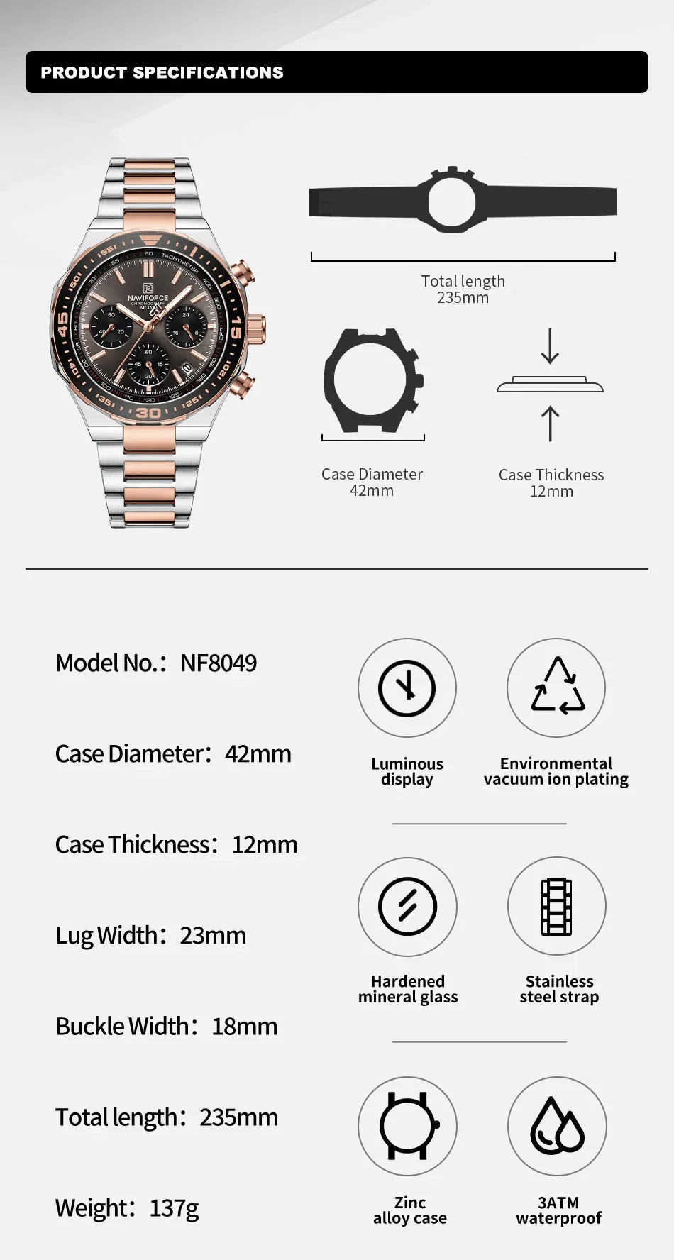 NAVIFORCE NF8049 Brand New Watches for Men Sports Luminous Chronograph Waterproof Date Quartz Wristwatches