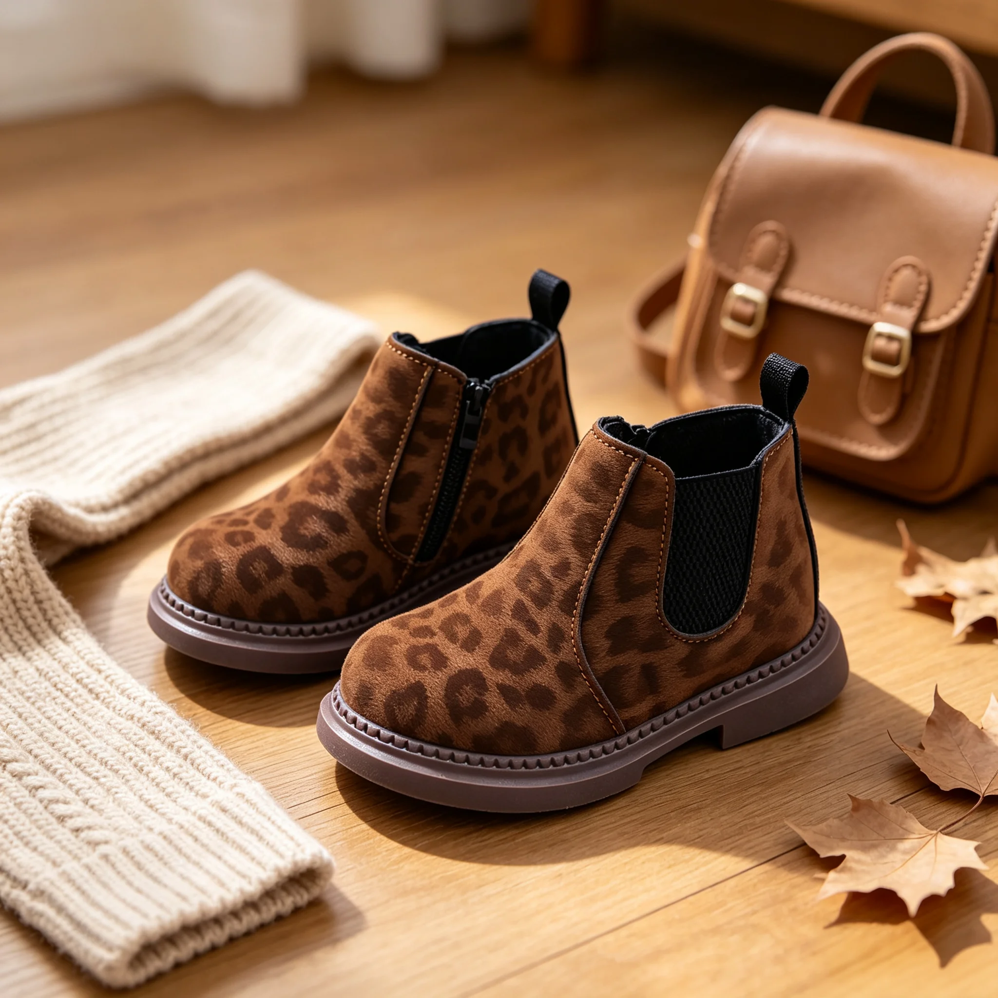 COMFY KIDS Kids Leopard Print Ankle Boots Girls Side Zipper Elastic Panels Fashion Platform Daily Children Casual Short Boots