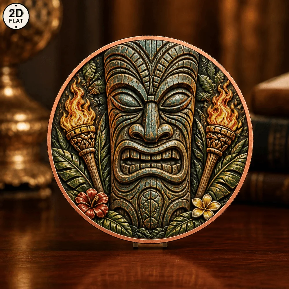 1pc Fine Copper Polynesian Tiki Mask Challenge Coin UV Print Hawaiian Tribal Totem Commemorative Medal Gift for Tribal Art Fans