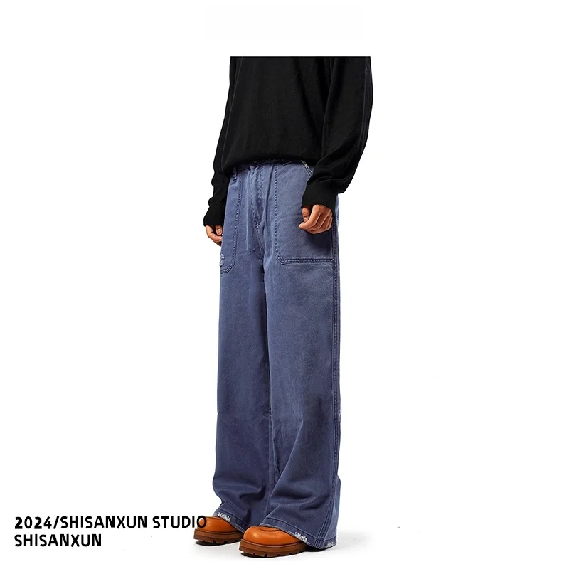 

Vintage Waed Straight Leg Workwear Trousers Men's Spring French Work Blue Distred Frayed Long Pants High Sensation Casual
