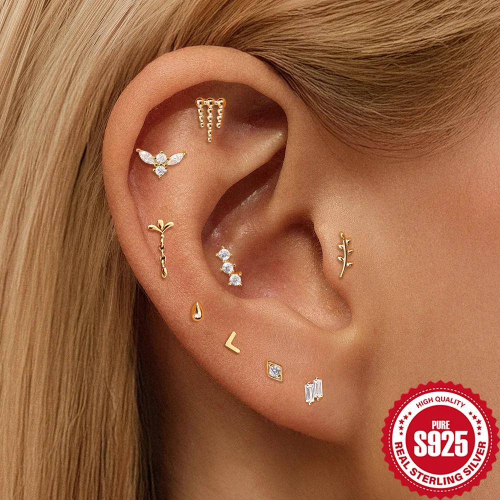 

BOAKO 925 Sterling Silver Mini V-shape/Teardrop/Ball Chain For Woman Gold/Sliver Flat Back Piercing Earring Classic jewelry