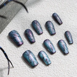Luxurious Handmade Press on Nails Fake Nails Blue Purple Quicksand Cat Eye Wearable Nails for Men Women Designed with Glitter