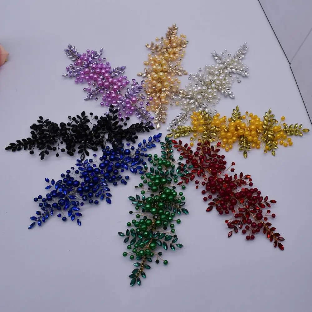Pearl Crystal Leaf Headband Beaded Patch Applique Hair Accessories Rhinestone Headband Floral Jewelry Handmade Headdress