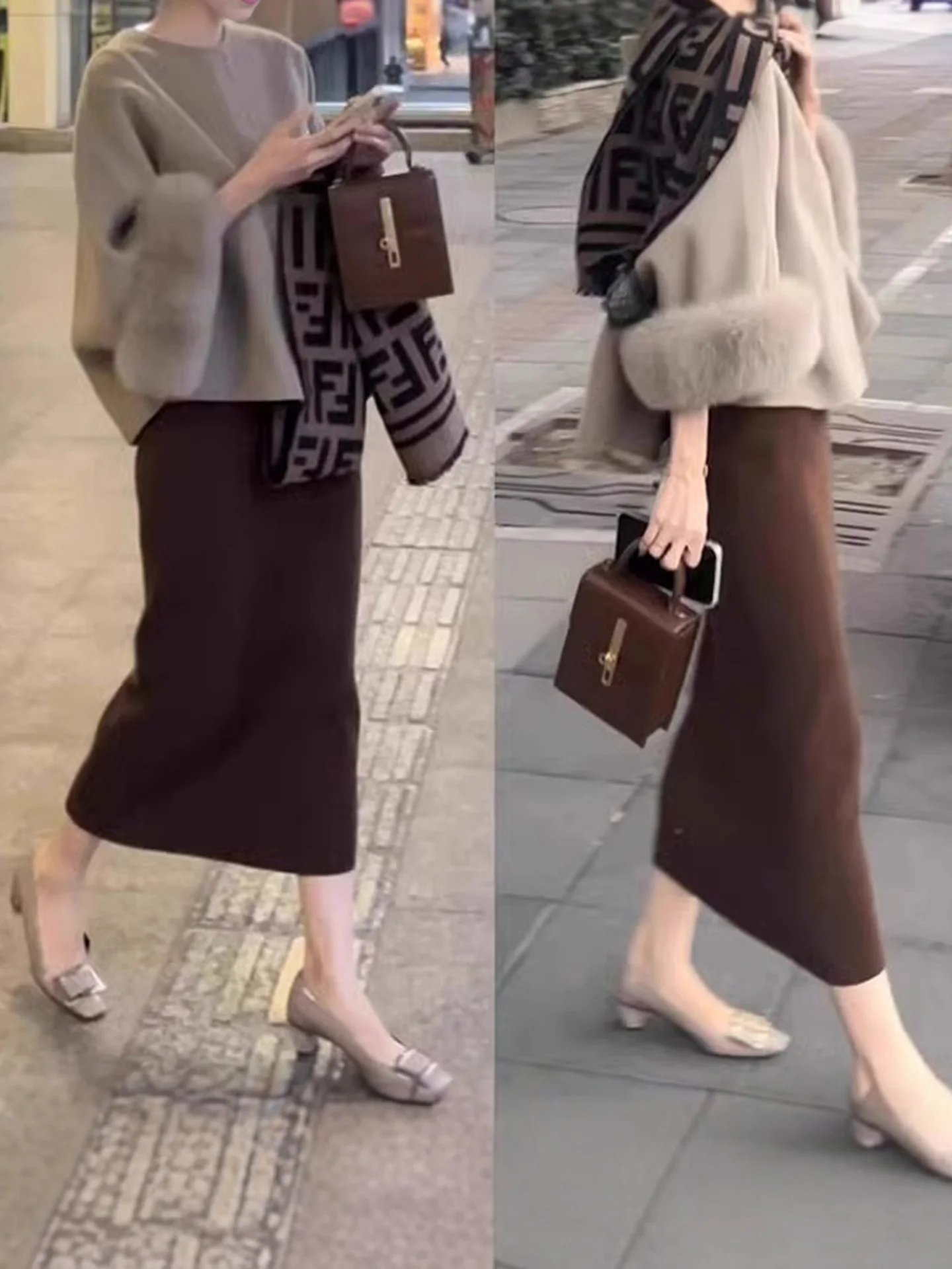 

Caramel Woolen Knitted Long Straight Tube Skirt High Waist Autumn Winter Slimming Midi Skirt for Women Commute Casual