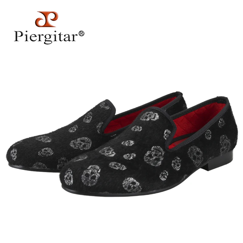 Piergitar New Style Black Fur WIth Sliver Skull Fretwork Men Smoking Slippers For Party Handmade Loafers Slip-On Flats Plus Size