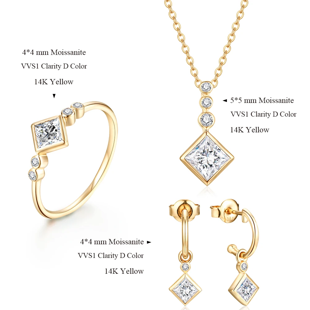 MINTYBOX Luxurly Moissanite Jewelry Set Solid 10k 14k 18k Yellow Gold Moissanite Earrings Necklace Ring for Women Fine Jewelry