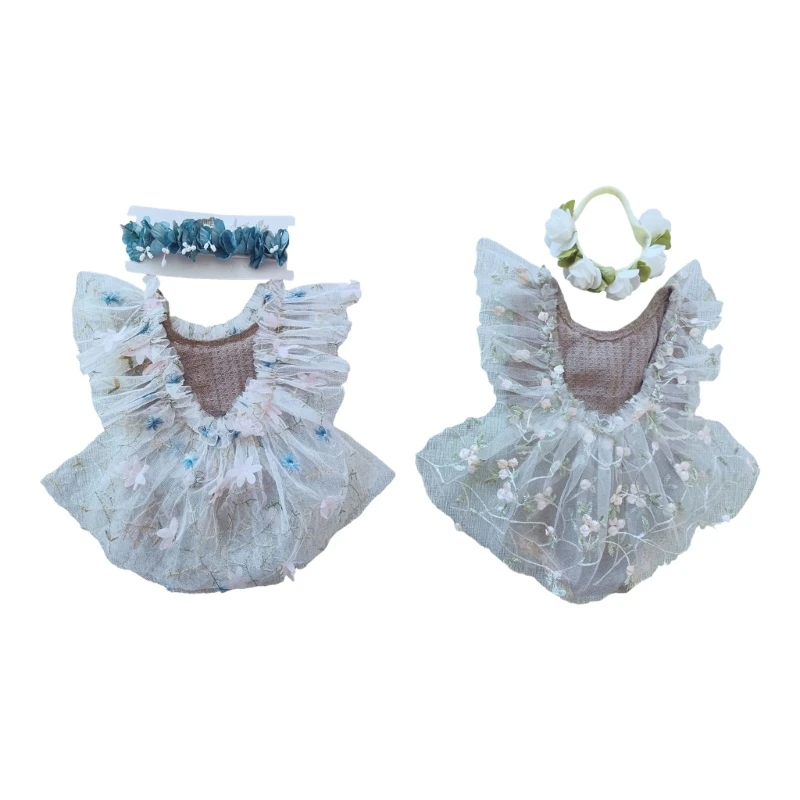 J15U 2Pcs/set Dreamy Forest Themed Lace Dress with Matching Headdress for Infants Photoshoots Special Occasion Outfit