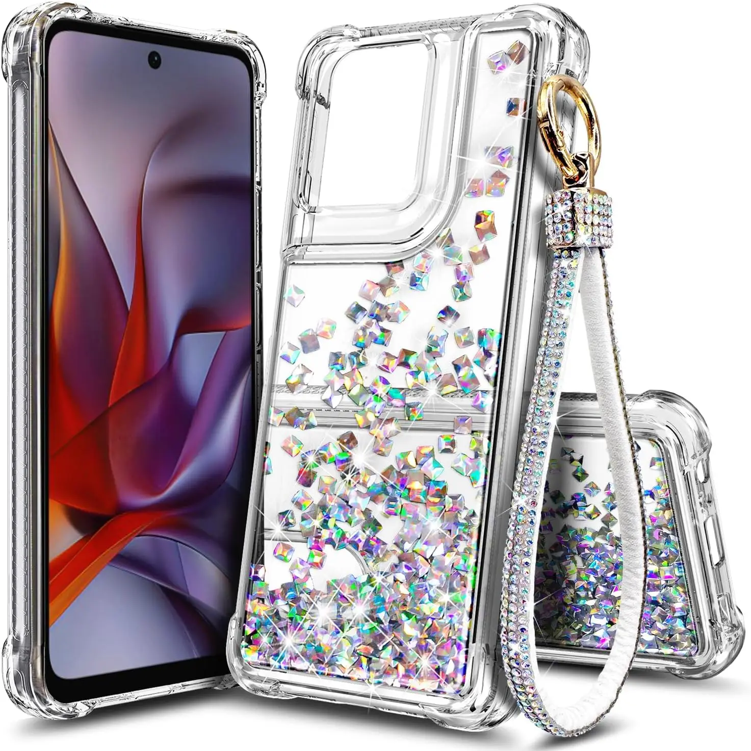 

Sparkling Liquid Glitter Phone Case with Wrist Strap for Motorola Models, Cute and Protective