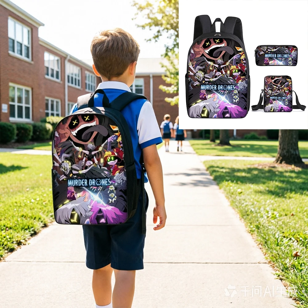 M-MURDER DRONES 3PCS/SET Student Schoolbags Simple Nylon Sports Backpacks Capacity Schoolbag for Boys Backpack Daily