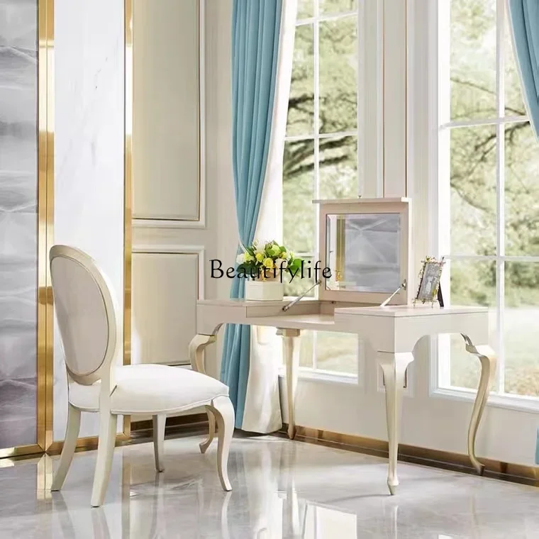 

07 American light luxury dining chair Modern simple solid wood dressing chair Fabric soft bag chair