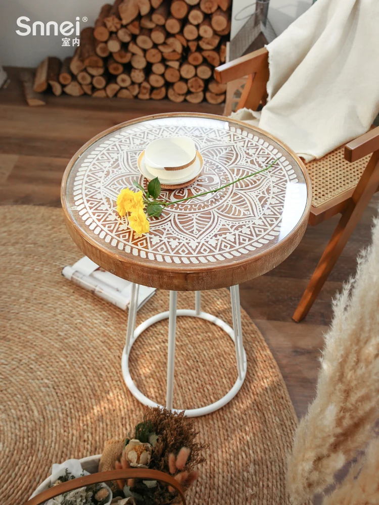 Furniture, living room decoration, round wood carving, wrought iron round table art, a few edges