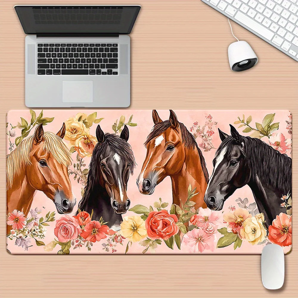 

Большой коврик для мыши XXL с цветочным акварельным рисунком «Четыре лошади», нескользящий резиновый коврик для стола для игр и офиса