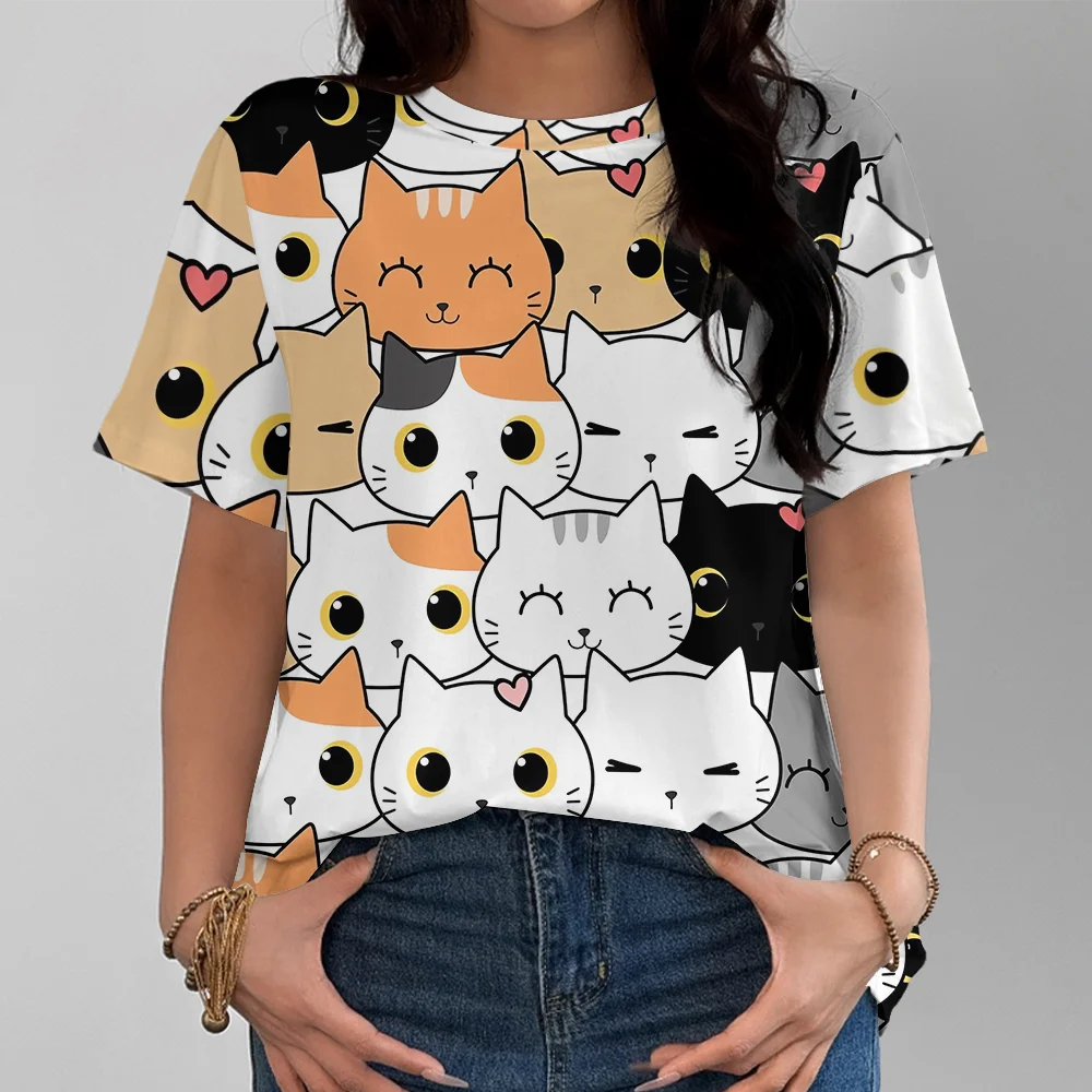 Cute And Playful Cartoon Cat Pattern Women's Fun T-shirt Fashionable And Comfortable White Short Sleeve - Image 3