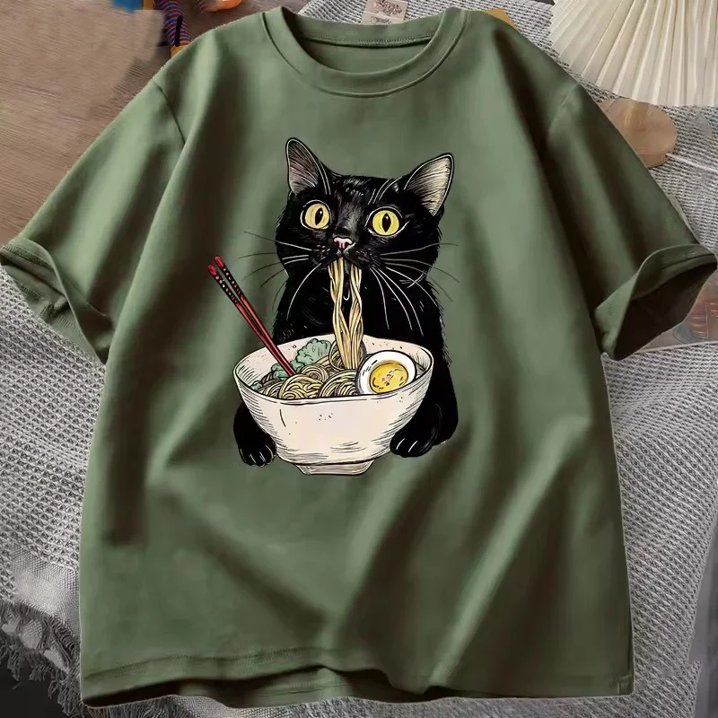 Cotton Noodle Ramen Cat T Shirt Foodie Lover T Shirts Black Cat T-Shirts Retro Casual Short Sleeve Tshirt Men Women Clothes