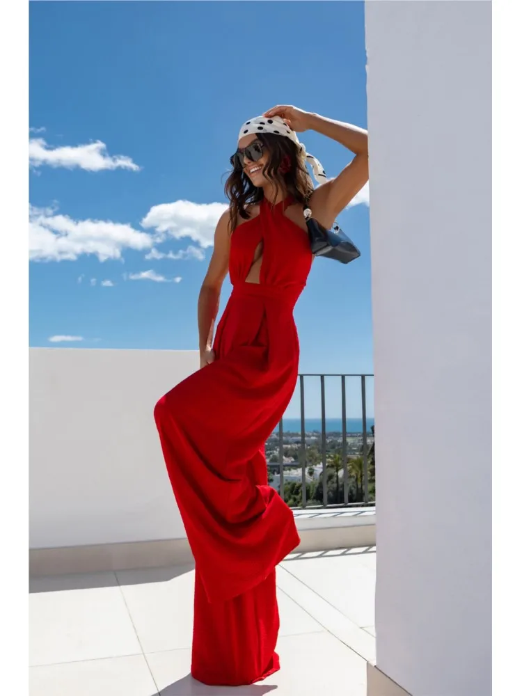

2025 Summer Fashion Solid Lady Jumpsuit Casual High Waist Wide Leg Romper Sexy Women Criss-cross Halter Hollow Overalls Mujer