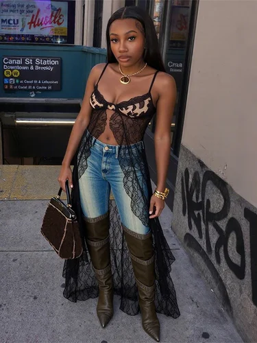 Imagen 2 del producto NIBBER-Camiseta sin mangas con tirantes para mujer, camisola Sexy de retazos, chaleco largo de encaje ajustado sin mangas, ropa de calle informal para mujer