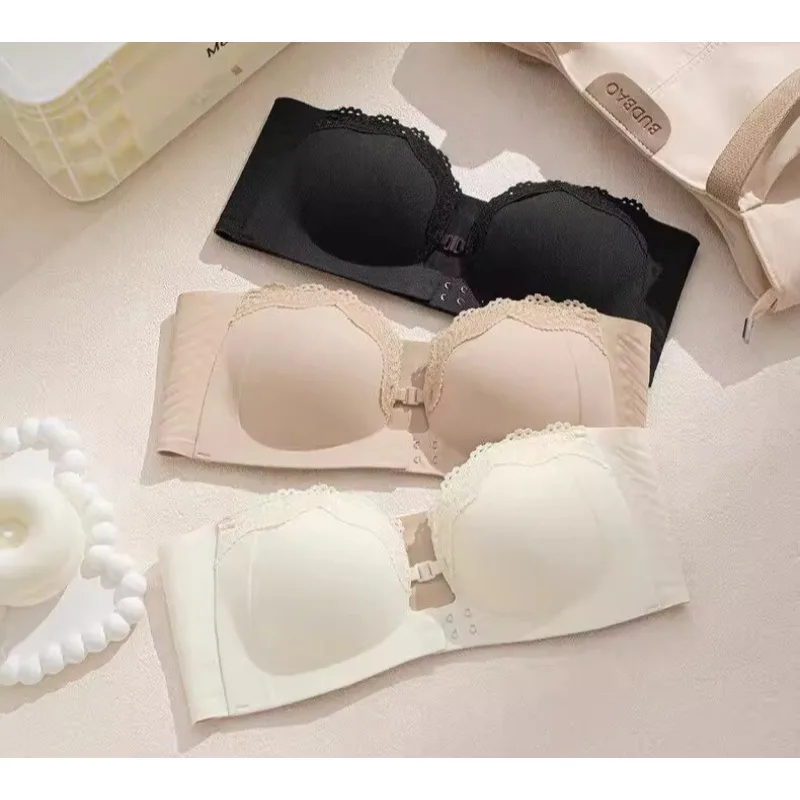 KUCLUT Strapless Push Up Bandeau Top Sexy Sweetheart Neckline Ruffle Bustier Corset with Buttons Front Closure White Black Beige