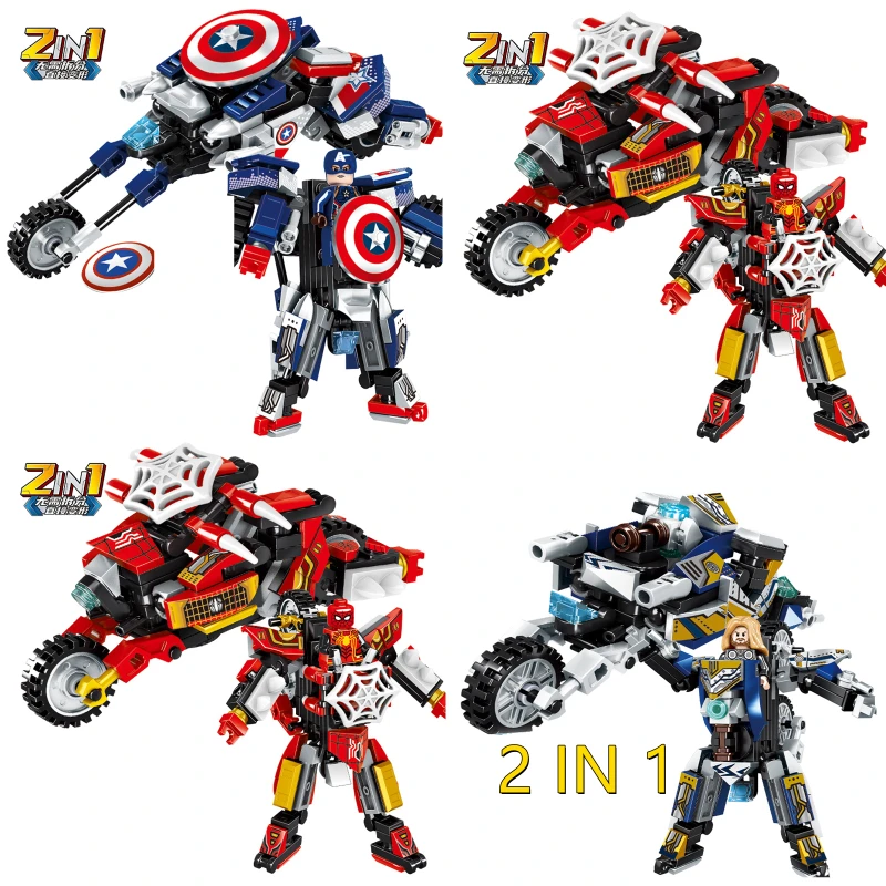 Superheroes 2 In 1 Marvel Movie Avengers Clan Transforming Mecha Motorcycle Model Building Blocks Bricks Classic Kids Toys Gifts