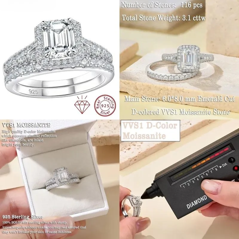 Серебряное кольцо AETEEY 925 пробы с муассанитом, свадебный комплект, кольца с изумрудной огранкой VVS1, сертифицированные GRA, штабелируемые ювелирные изделия в подарок.