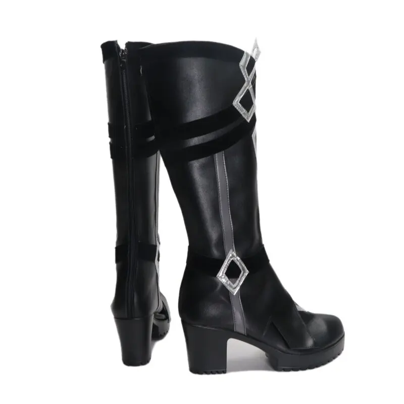 Anime Genshin Impact II Capitano Cosplay Shoes Black High Heels Medium-Long PU Leather Boots For Halloween Carnival