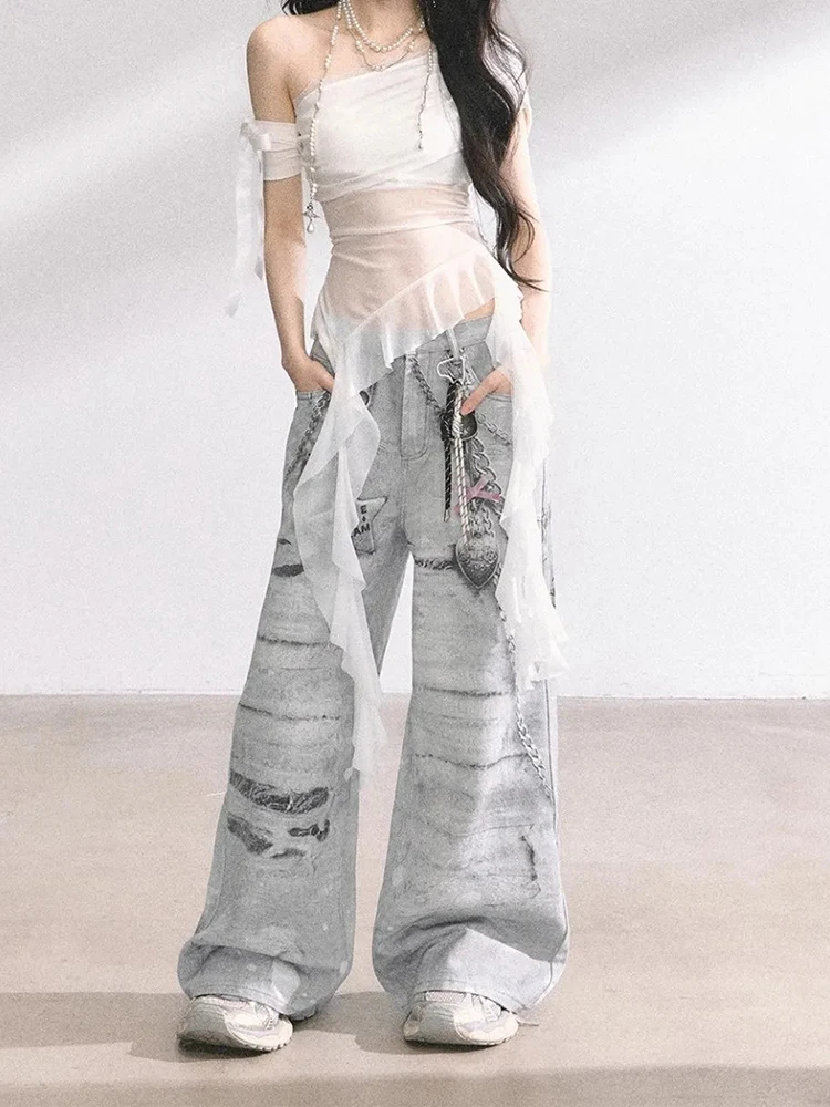 Women American Style High Street Vintage Loose Straight Pants Autumn New Casual Y2K Retro Printed Wide Leg Jeans