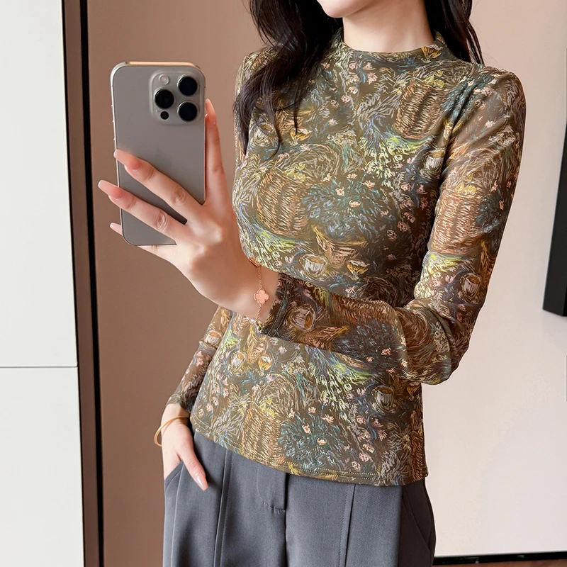 Y2K Top da donna alla moda con collo alto stampato a maniche lunghe in rete ad alta elasticità autunno inverno
