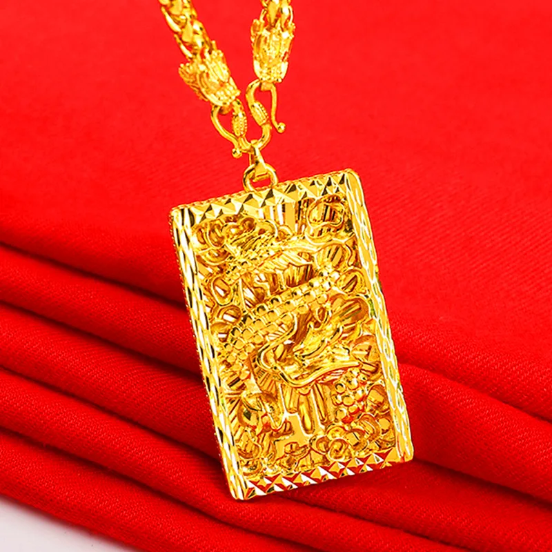 

Real 18K Gold Square Pendant Necklace for Men Bro Father Trendy Fried Dough Twists Chain Solid 999 Chain for Women Fine Jewelry