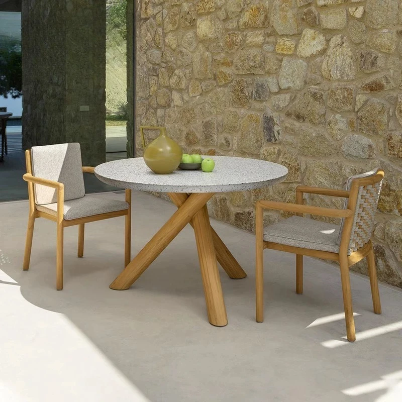 Villa courtyard teak sofa chair leisure garden terrace imitation wood grain rattan sofa round table hotel bed and breakfast