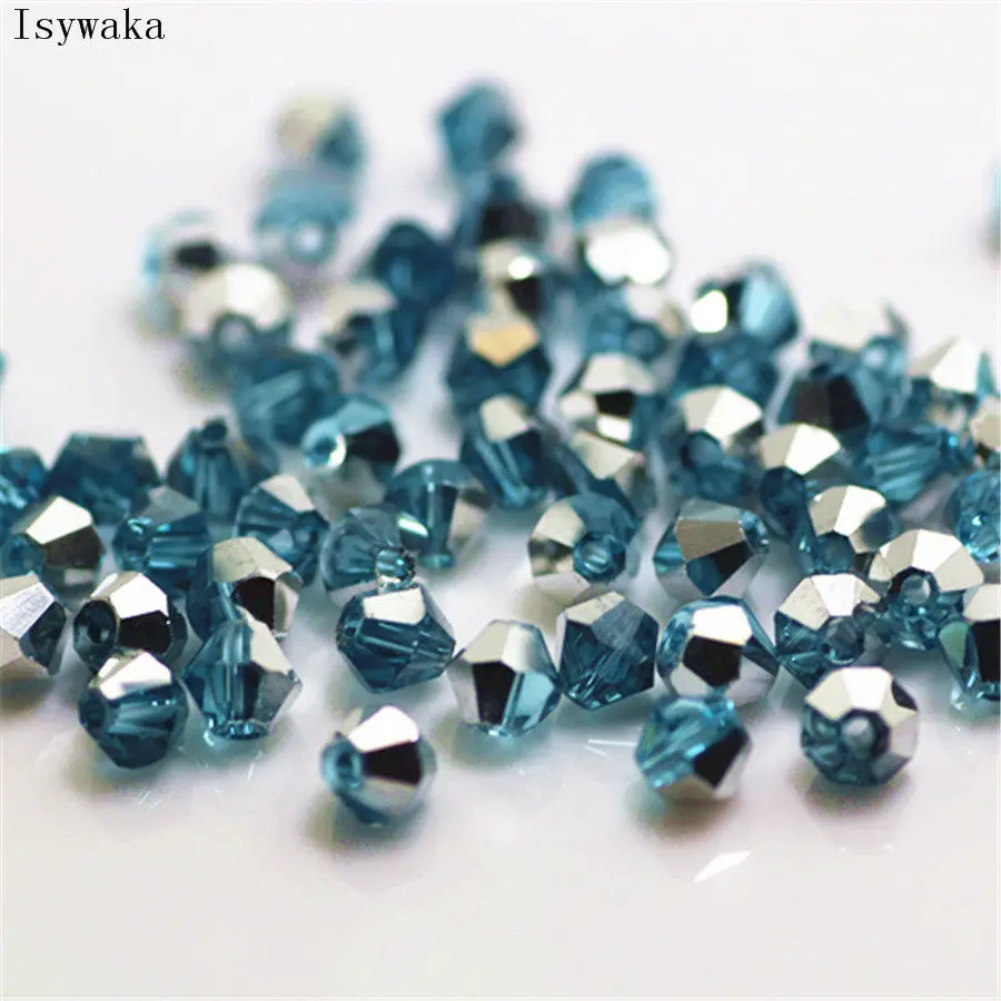 Isywaka Lake Blue Silver Color 100pcs 4mm Bicone Austria Crystal Bead charm Glass Bead Loose Spacer Bead for DIY Jewelry Making