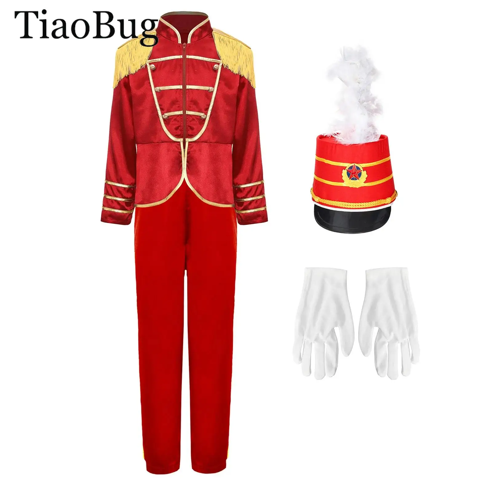 

Girls Boys Drum Major Outfit Marching Band Uniform Long Sleeve Tassel Epaulets Zipper Jacket Pants Hat Nutcrackers Costume Suit