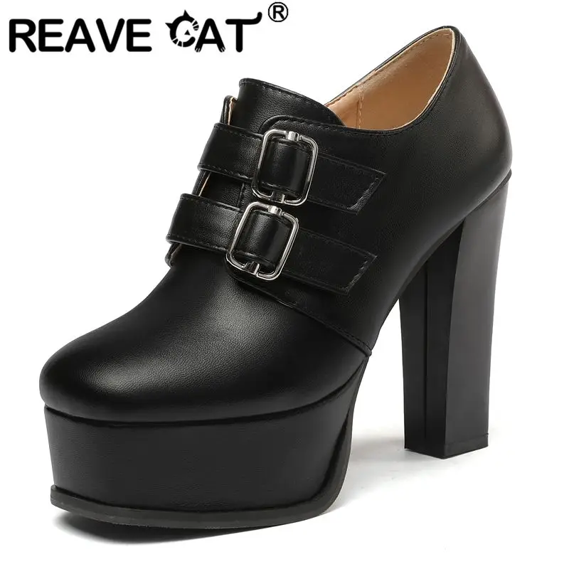 

REAVE CAT 2025 Модные женские туфли-лодочки с квадратным носком на блочном каблуке 12 см на платформе 4,5 см без шнуровки с пряжками на ремне, большие размеры 42 43 Туфли для вечеринок