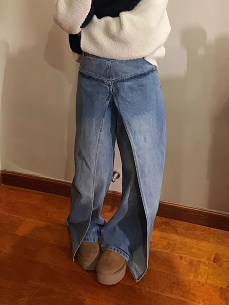 Jeans blu americani Oversize per le donne 2024 primavera nuovi pantaloni in Denim finto a due pezzi Y2k E-Girl a vita alta gamba larga allentata