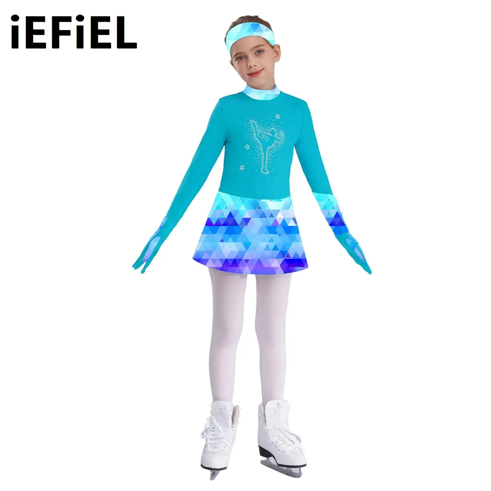 

Kids Girls Figure Skating Dress Mock Neck Long Sleeve Shiny Rhinestones Stylish Printed Patchwork Dress with Gloves Headband