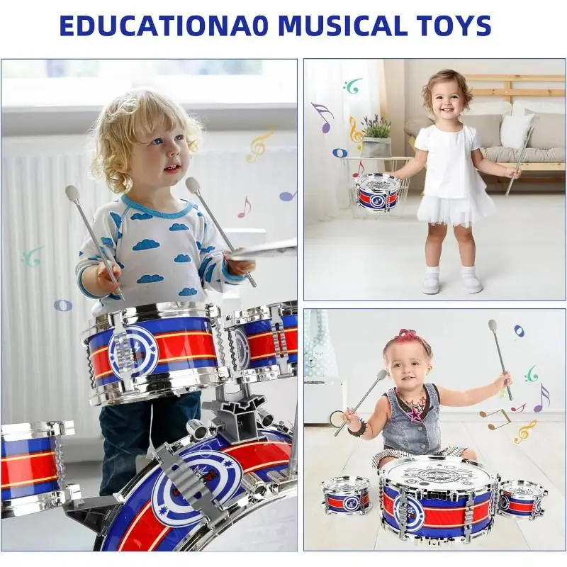 Mini Jazz Drum Set 6 Drums with Stool Musical Instruments Toy Birthday Gift for Beginners Boys Girls (with LED Light)