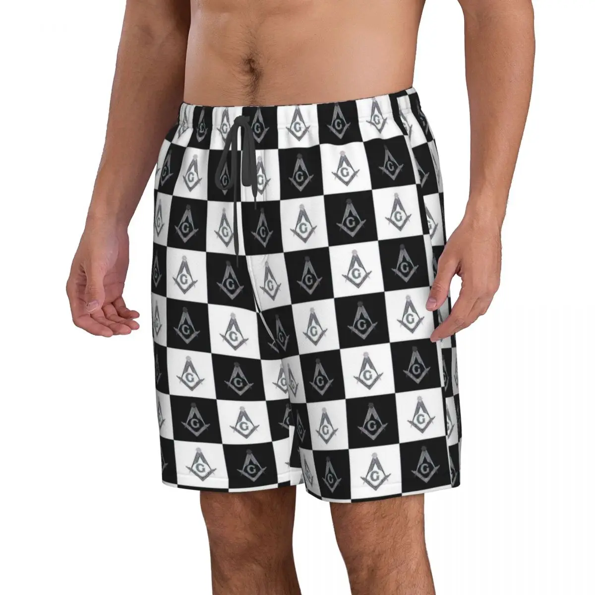 Freemason Checkered Pattern Men's Beach Shorts Fitness Quick-drying Swimsuit Funny Street Fun 3D Shorts