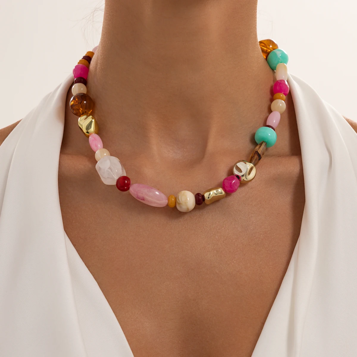 Ingemark Boho Bunte Harz-Acryl-Perlen-Choker-Halskette für Damen, Elegante Verstellbare Schlüsselbein-Kette, Y2K Schmuck-Accessoires – Detail 1
