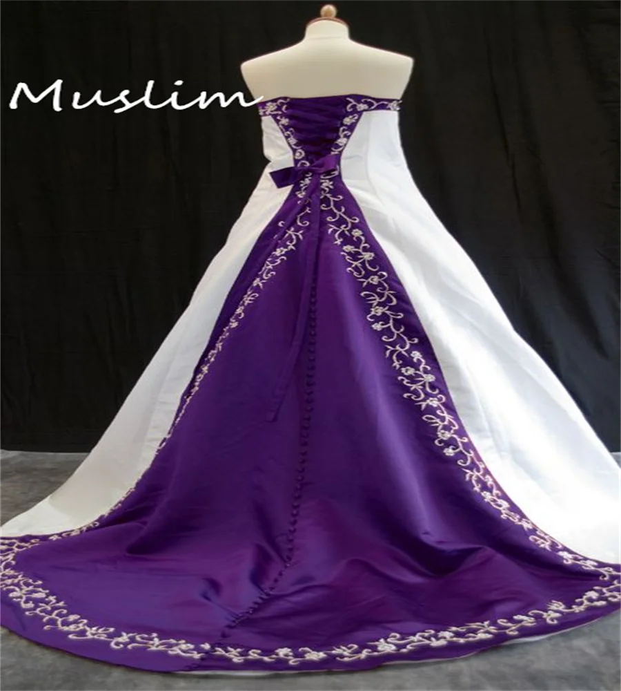 Lavendel Lila Gothic Stickerei Hochzeitskleid Große Größe Rustikales Land Halloween Brautkleid Trägerloses Satin Braut Maßgeschneidert