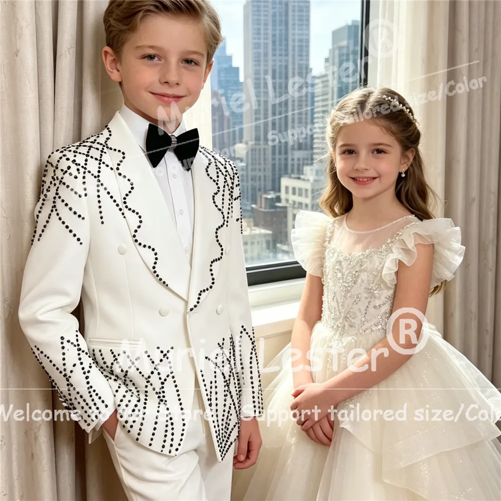 

Elegant Jewelry Stones Boy Suit For Wedding Double Breasted Jacket Pants 2 Piece Sets Children Tuxedos Customized Kids Outfits