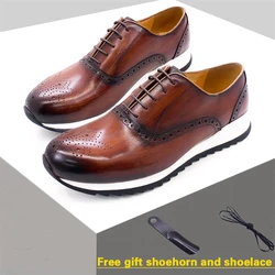 Chaussures classiques décontractées en cuir pour hommes à lacets, chaussures Brock de luxe faites à la main pour hommes, chaussures confortables pour tenue de soirée en plein air