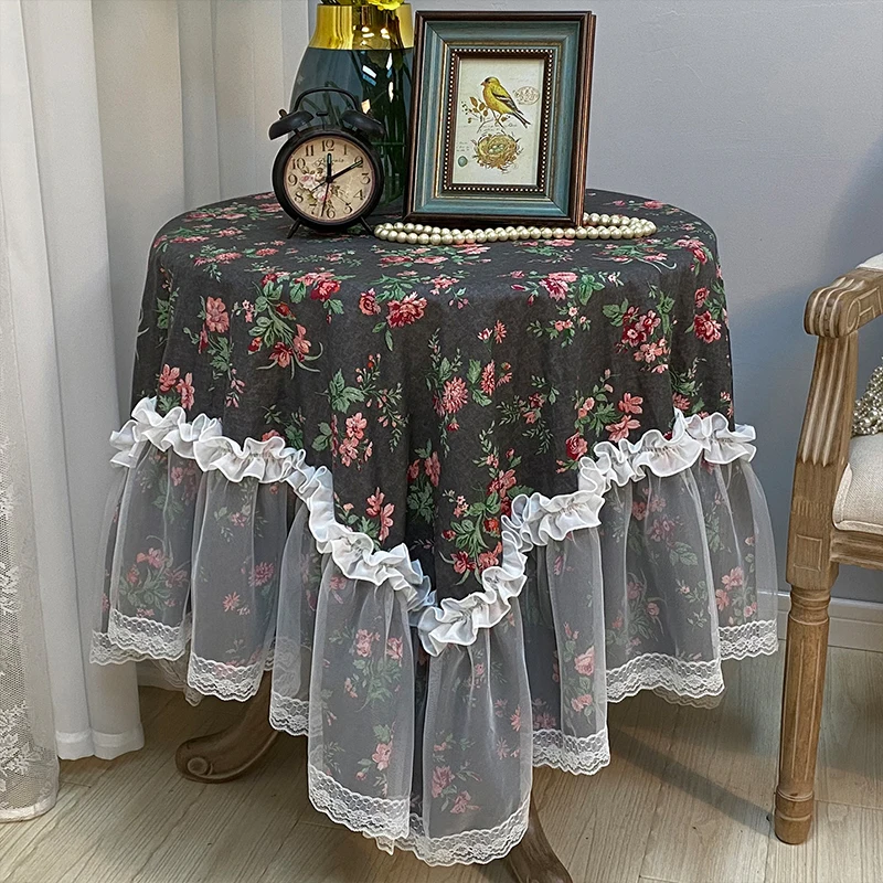 American Pastoral Style Round  Tablecloth Cotton Dust-proof Tablecloth Flower Lace Edge Coffee Tea Table Cover Home Table Decor