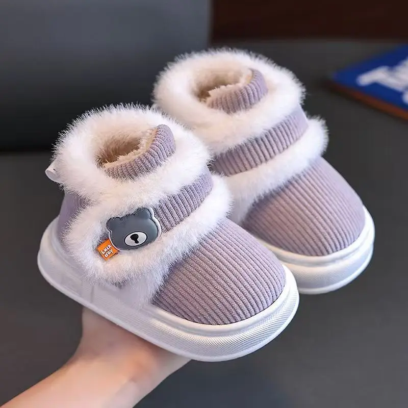 Sepatu bot katun atas tinggi untuk anak-anak, sepatu bot salju luar ruangan sol tebal tebal tebal tebal berkait kartun, sepatu bot hangat untuk anak laki-laki dan perempuan musim dingin