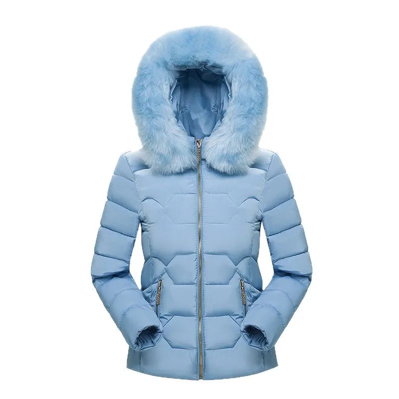 Women Short Parkas Coat Hooded Jacket Oversize Solid Big Fur Collar Long Sleeve Zipper Slim Thick Office Lady Casual 2025 Winter