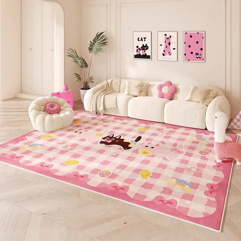 Dopamine Pink Girlish Style Living Room Carpet Sofa Coffee Table Washable Non-slip Floor Mat Bedroom Bedside Cute Soft Plush Rug
