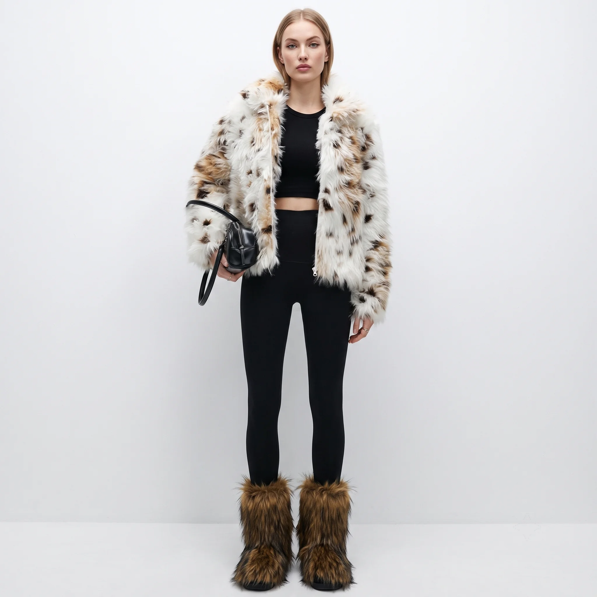 PUAL CWomen Leopard Print Faux Fur Jacket, Zip‑Up Collar Short Furry Coat Winter Street Warm Outerwear.