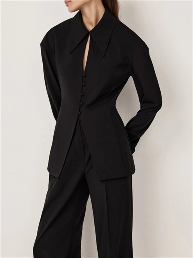 

Женский черный пиджак и брюки, комплект с длинными рукавами и лацканами, полая куртка, прямые брюки, элегантный офисный женский костюм из двух предметов