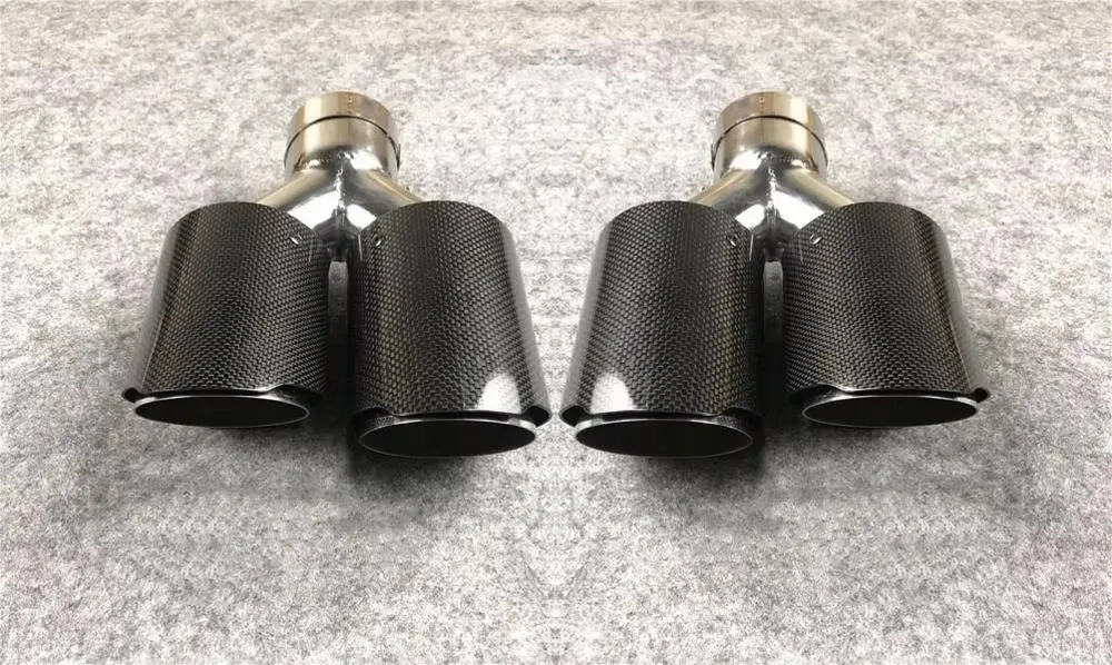 One Pair Y Model L+R Glossy Carbon Exhaust Tips 304 Stainless Steel For Akrapovic Cars Tuning Muffler Nozzles Exhaust Pipes